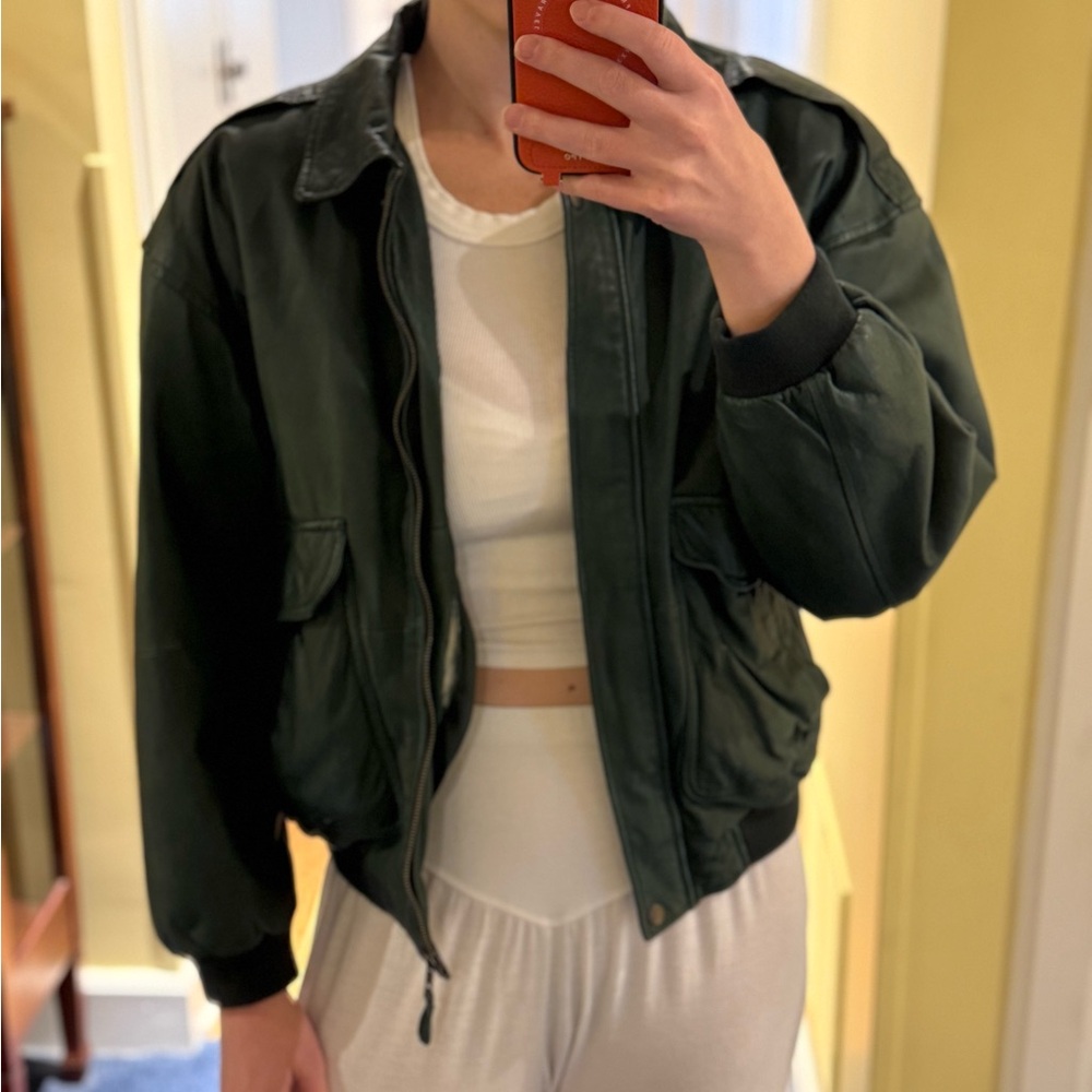 Vintage Genuine Leather Dark Green Bomber Jacket